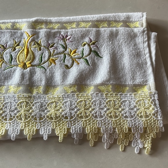 Embroidered Cotton Yellow & White Hand Towel with crochet - Picture 3 of 12